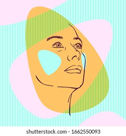 Skizze des weiblichen Kopfes, der auf der Seite mit farbigen Wangen auf Aqua-Menüs nach oben schaut und abstrakte rosafarbene, gedünstete Formen auf gestreiftem, quadratischem Hintergrund, handgezeichnet Vektorillustration
