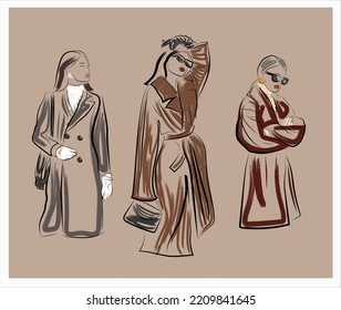 Sketch of women in coat. Autumn vibe. Hand-drawn stylish woman portrait. Trendy outfit. Fashion model posing in a coat. Hand drawn fashion woman.