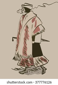 Sketch of women  the last century in a hat with an umbrella in hand and smoking  cigarette in his mouth retro