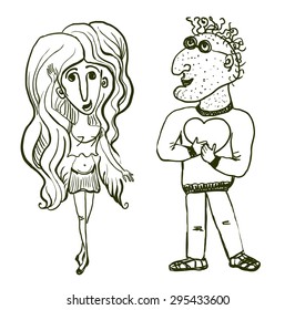 Sketch of women and men.The woman dances, the man looks at her, 
Caricature. Vector illustration.