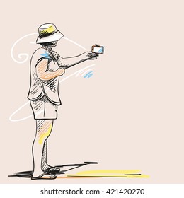 Sketch of women taking a selfie with smart phone, Hand drawn illustration