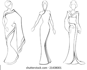 Sketch of women in traditional asian dresses (vector); a JPG version is also available - Shutterstock ID 21438001