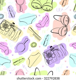 Sketch of women's accessories. Seamless pattern with cosmetics, handbag, underwear.