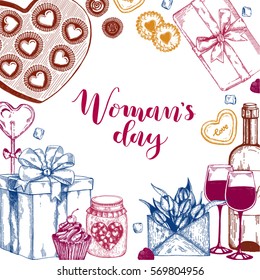 Sketch Women's Day march set. illustration isolated on white background. Template for label poster, logo, web, card