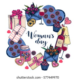 Sketch Women's Day march set. illustration isolated on white background. Template for label poster, logo, web, card