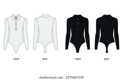 Sketch of women's polo with long sleeves in black and white colors, vector. Women's blouse template, front and back view. Vector drawing of a bodysuit with a collar, buttons in front and long sleeves.