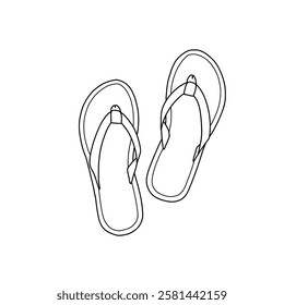 Sketch of women's sandals flat slides sandals line art, top view. flat sketch vector. Isolated on a white background, suitable for your slippers, editable color