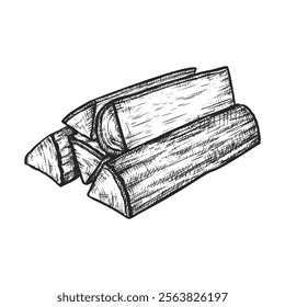 Sketch of wood pile or vector woodpile. Chopped lumber or lumberjack tree material. Hardwood chump without rind or timber firewood. Cork stack or natural bark. Wooden fuel closeup.Realistic drawing