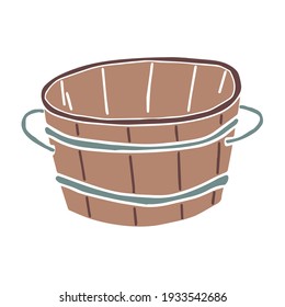 Sketch of a wooden bathtub with metal hoops and handles. Sauna equipment. Vector element for the design.