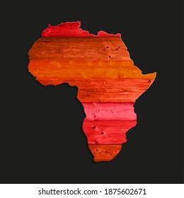 Dibujo de carteles de mapas africanos de tablas de madera. Afiche al estilo de Wood africa. Abstracto ligneoso del Continente Oscuro. Fondo de silueta de mapa de madera de África, ilustración 3D