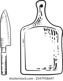 Sketch of Wooden cutting board and Chef kitchen knife. Vintage engraving Kitchen utensils in hand draw. Vector drawing.