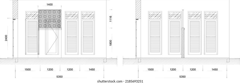 a sketch of a wooden door seen from the front that has been installed on the wall