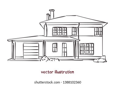Sketch of wooden house. Vector isolated illustration for design on white background