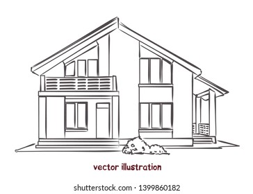 Sketch of wooden house. Vector isolated illustration for design on white background