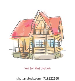 Sketch of wooden house. Vector isolated illustration for design on white background