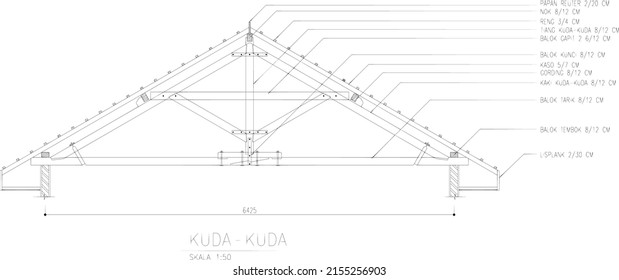 sketch of a wooden roof truss with a span of 6.5 meters