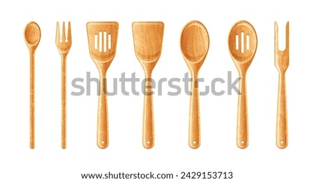 Sketch wooden tools set. 3d spoon, salad spoon, spatula, fork. Biodegradable kitchen utensil from wood. Vector bamboo kitchenware. Reusable vintage tools for cooking. Cartoon kitchen bamboo accessory