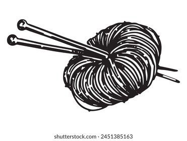 Sketch of wool yarn with knitting needles. Hobby, leisure activity doodle. Outline vector illustration in retro engraving style.