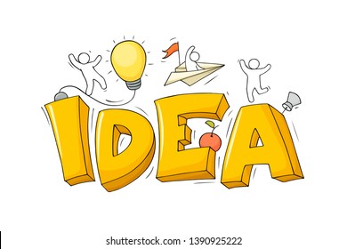 Sketch of word Idea with happy little people. Doodle cute miniature of teamwork and brainstorming. Hand drawn cartoon vector illustration for business design.