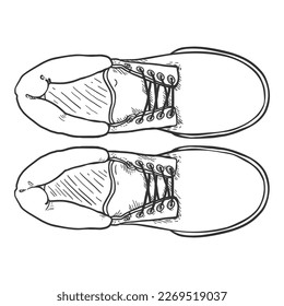 Arbeitstiefel für Skizzen. Vektorhandgezeichnete Illustration, Draufsicht