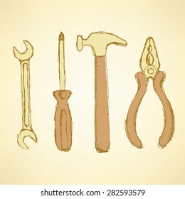 Sketch workers tools in vintage style, vector