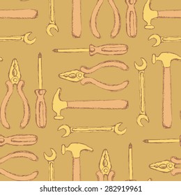 Sketch workers tools in vintage style, vector seamless pattern