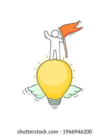 Sketch of working little creative man. Doodle cute miniature scene with Idea lamp. Hand drawn cartoon vector illustration for art and business design