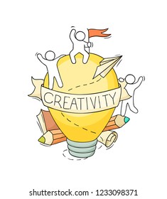 Sketch of working little creative people. Doodle cute miniature scene about Great Idea. Hand drawn cartoon vector illustration for art and business design