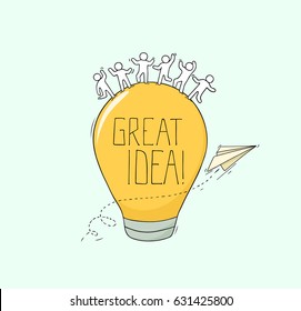 Sketch of working little creative people. Doodle cute miniature scene about Great Idea. Hand drawn cartoon vector illustration for business design and infographic.
