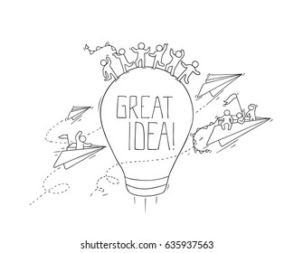 Sketch of working little creative people. Doodle cute miniature scene about Great Idea. Hand drawn cartoon vector illustration for business design and infographic.