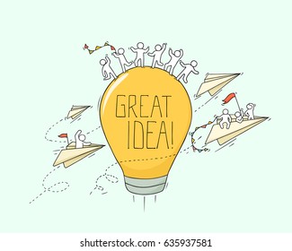 Sketch of working little creative people. Doodle cute miniature scene about Great Idea. Hand drawn cartoon vector illustration for business design and infographic.