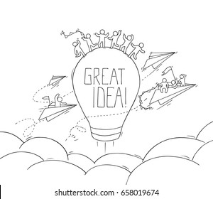 Sketch of working little creative people. Doodle cute miniature scene about Great Idea. Hand drawn cartoon vector illustration for business design and infographic.