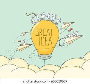 Sketch of working little creative people. Doodle cute miniature scene about Great Idea. Hand drawn cartoon vector illustration for business design and infographic.