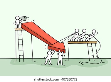 Sketch of working little people with arrow down, teamwork. Doodle cute miniature arrow and prepare out of the crisis. Hand drawn cartoon vector illustration for business design and infographic.