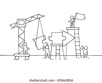 Sketch of working little people with arrow, teamwork. Doodle cute miniature scene of workers collect puzzle pieces. Hand drawn cartoon vector illustration for business design and infographic.
