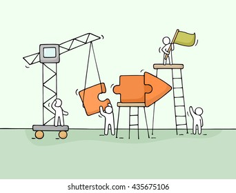 Sketch of working little people with arrow, teamwork. Doodle cute miniature scene of workers collect puzzle pieces. Hand drawn cartoon vector illustration for business design and infographic.