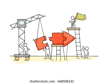 Sketch of working little people with arrow, teamwork. Doodle cute miniature scene of workers collect puzzle pieces. Hand drawn cartoon vector illustration for business design and infographic.