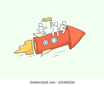 Sketch of working little people with arrow, teamwork. Doodle cute miniature scene of workers. Hand drawn cartoon vector illustration for business design and infographic.