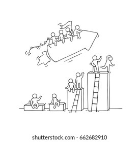 Sketch of working little people with arrow, diagram. Doodle cute miniature scene of workers. Hand drawn cartoon vector illustration for business design and infographic.