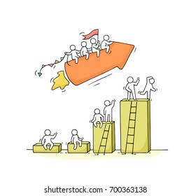 Sketch of working little people with arrow, diagram. Doodle cute miniature scene of workers. Hand drawn cartoon vector illustration for business design and infographic.