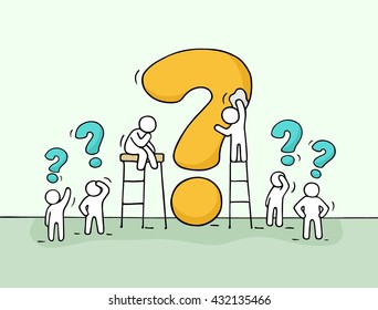 Sketch of working little people with big question. Doodle cute miniature scene of workers trying to solve problem. Hand drawn cartoon vector illustration for business design.