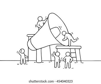 Sketch of working little people with big loudspeaker. Doodle cute miniature scene of workers with megaphone. Hand drawn cartoon vector illustration for business design and infographic.