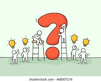 Sketch of working little people with big question and lamp ideas. Doodle cute miniature scene of workers trying to solve problem. Hand drawn cartoon vector illustration for business design.