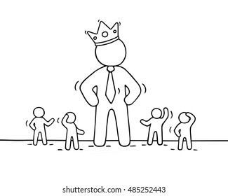 Sketch of working little people and big boss in crown. Doodle cute concept about teamwork with leader. Hand drawn cartoon vector illustration for business design.