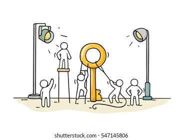 Sketch of working little people with big key. Doodle cute miniature scene of workers with discovery concept. Hand drawn cartoon vector illustration for business design and infographic.