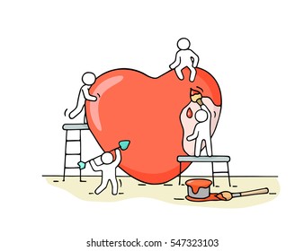 Sketch of working little people with big love sign. Doodle cute miniature scene of workers about heart building. Hand drawn cartoon vector illustration.