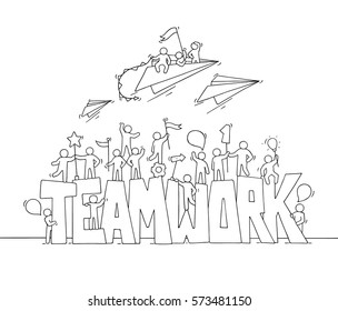 Sketch of working little people with big word Teamwork. Doodle cute miniature scene of workers and flying paper planes. Hand drawn cartoon vector illustration for business design.