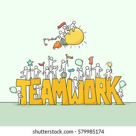 Sketch of working little people with big word Teamwork. Doodle cute miniature scene of workers and flying lamp idea. Hand drawn cartoon vector illustration for business design.