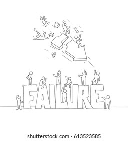 Sketch of working little people with big word Failure and crashing arrow. Doodle cute miniature scene of sad workers. Hand drawn cartoon vector illustration for business design.