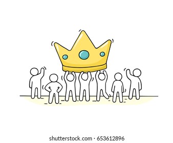 Sketch of working little people with big crown. Doodle cute miniature scene of workers about success. Hand drawn cartoon vector illustration for business design.